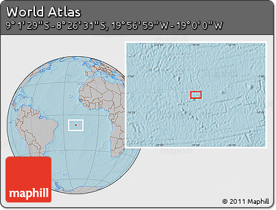 Gray Location Map of the Area around 8° 44' 0" S, 19° 28' 30" W, hill shading
