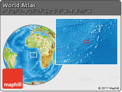 Physical Location Map of the Area around 8° 44' 0" S, 1° 37' 30" W