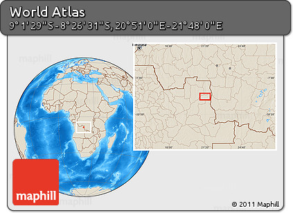 Shaded Relief Location Map of the Area around 8° 44' 0" S, 21° 19' 30" E