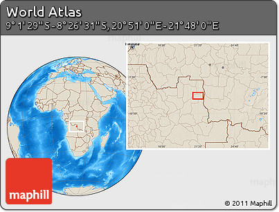 Shaded Relief Location Map of the Area around 8° 44' 0" S, 21° 19' 30" E