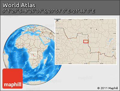 Shaded Relief Location Map of the Area around 8° 44' 0" S, 21° 19' 30" E
