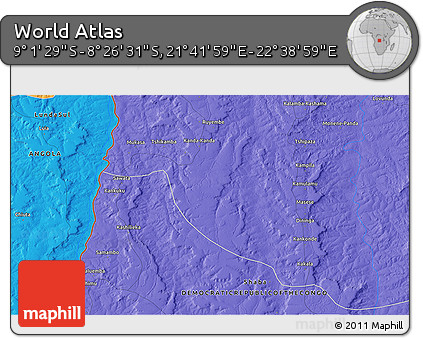 Political 3D Map of the Area around 8° 44' 0" S, 22° 10' 29" E