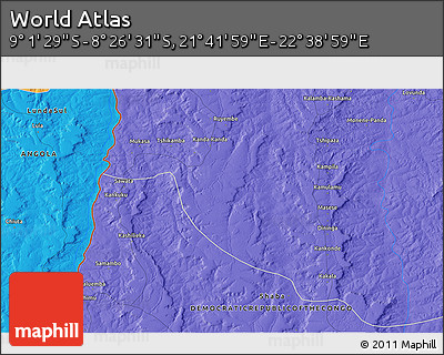 Political 3D Map of the Area around 8° 44' 0" S, 22° 10' 29" E