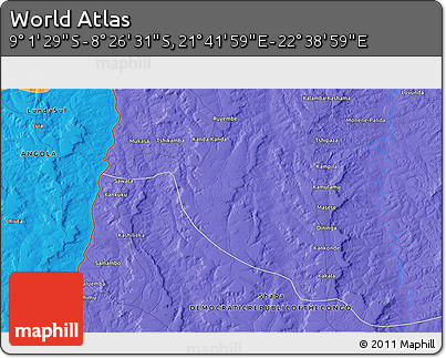 Political 3D Map of the Area around 8° 44' 0" S, 22° 10' 29" E
