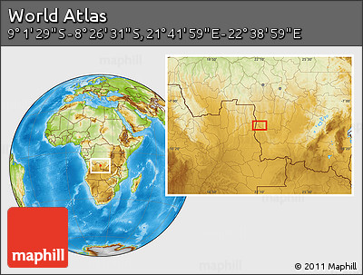 Physical Location Map of the Area around 8° 44' 0" S, 22° 10' 29" E