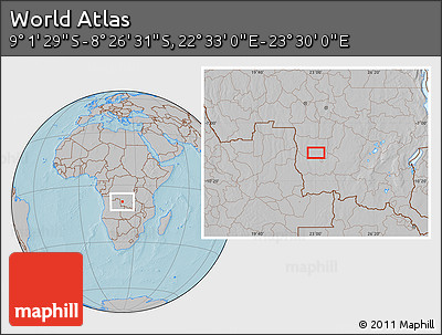 Gray Location Map of the Area around 8° 44' 0" S, 23° 1' 29" E, hill shading