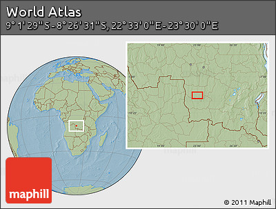 Savanna Style Location Map of the Area around 8° 44' 0" S, 23° 1' 29" E, hill shading