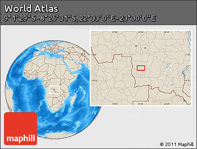 Shaded Relief Location Map of the Area around 8° 44' 0" S, 23° 1' 29" E