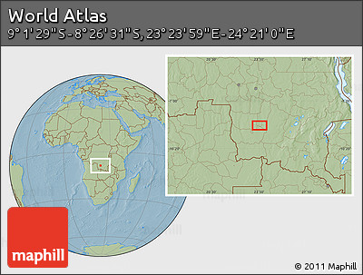 Savanna Style Location Map of the Area around 8° 44' 0" S, 23° 52' 30" E, hill shading
