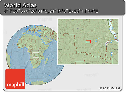 Savanna Style Location Map of the Area around 8° 44' 0" S, 24° 43' 30" E, hill shading