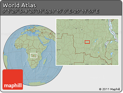Savanna Style Location Map of the Area around 8° 44' 0" S, 24° 43' 30" E, hill shading