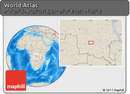 Shaded Relief Location Map of the Area around 8° 44' 0" S, 24° 43' 30" E