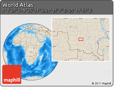 Shaded Relief Location Map of the Area around 8° 44' 0" S, 24° 43' 30" E