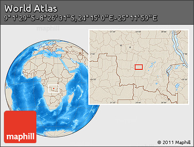 Shaded Relief Location Map of the Area around 8° 44' 0" S, 24° 43' 30" E