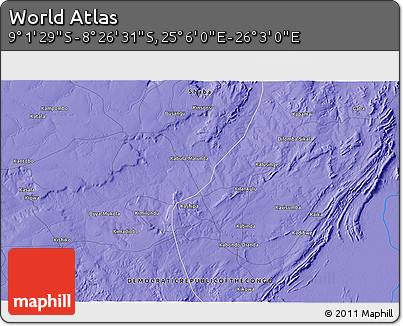 Political 3D Map of the Area around 8° 44' 0" S, 25° 34' 30" E
