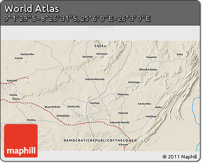 Shaded Relief 3D Map of the Area around 8° 44' 0" S, 25° 34' 30" E