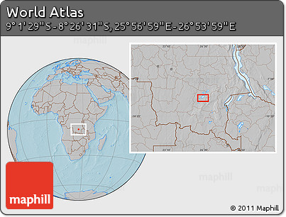 Gray Location Map of the Area around 8° 44' 0" S, 26° 25' 29" E, hill shading