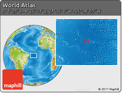 Physical Location Map of the Area around 8° 44' 0" S, 27° 7' 30" W