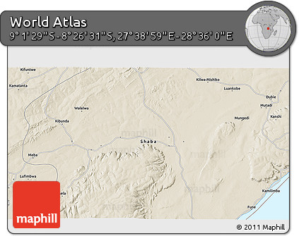 Shaded Relief 3D Map of the Area around 8° 44' 0" S, 28° 7' 30" E