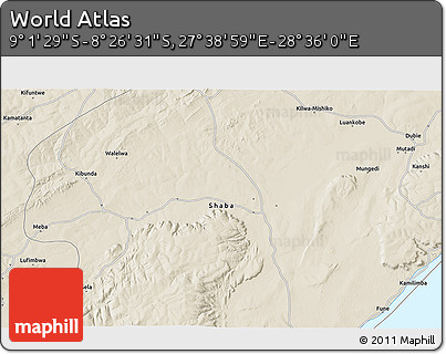 Shaded Relief 3D Map of the Area around 8° 44' 0" S, 28° 7' 30" E