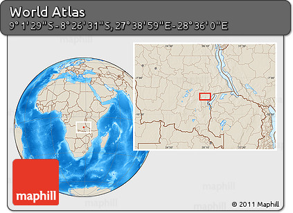 Shaded Relief Location Map of the Area around 8° 44' 0" S, 28° 7' 30" E