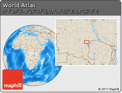 Shaded Relief Location Map of the Area around 8° 44' 0" S, 28° 7' 30" E
