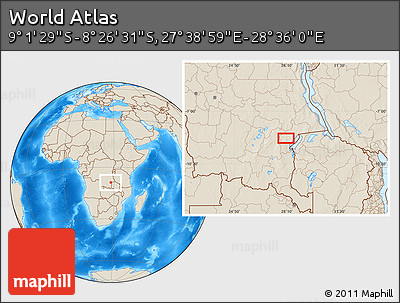 Shaded Relief Location Map of the Area around 8° 44' 0" S, 28° 7' 30" E