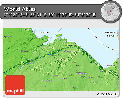 Political 3D Map of the Area around 8° 44' 0" S, 30° 40' 29" E
