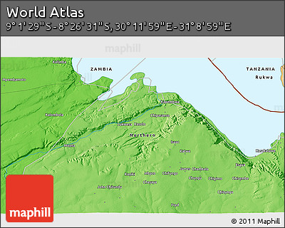 Political 3D Map of the Area around 8° 44' 0" S, 30° 40' 29" E