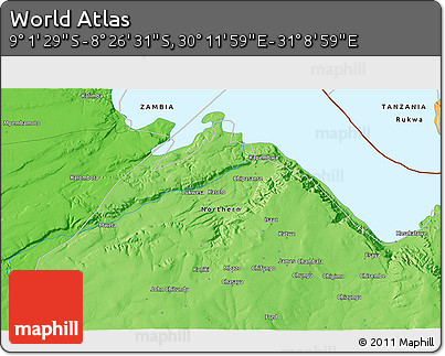 Political 3D Map of the Area around 8° 44' 0" S, 30° 40' 29" E