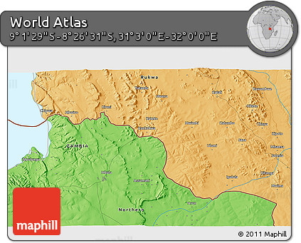 Political 3D Map of the Area around 8° 44' 0" S, 31° 31' 29" E