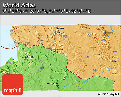Political 3D Map of the Area around 8° 44' 0" S, 31° 31' 29" E
