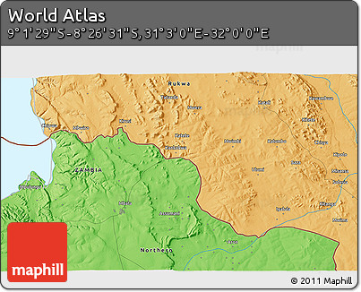 Political 3D Map of the Area around 8° 44' 0" S, 31° 31' 29" E