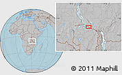 Gray Location Map of the area around 8° 44' 0" S, 31° 31' 29" E, hill shading