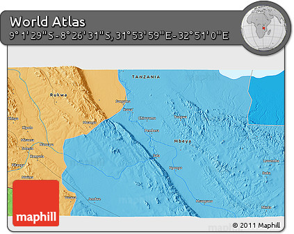 Political 3D Map of the Area around 8° 44' 0" S, 32° 22' 30" E