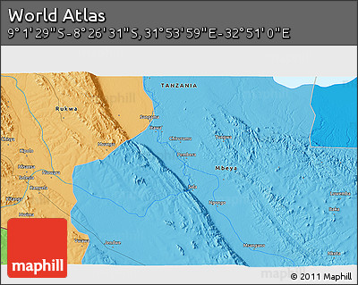 Political 3D Map of the Area around 8° 44' 0" S, 32° 22' 30" E
