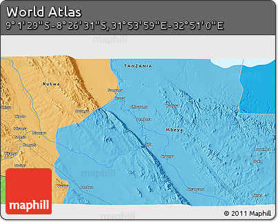 Political 3D Map of the Area around 8° 44' 0" S, 32° 22' 30" E