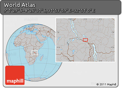 Gray Location Map of the Area around 8° 44' 0" S, 32° 22' 30" E