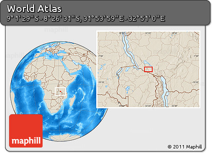 Shaded Relief Location Map of the Area around 8° 44' 0" S, 32° 22' 30" E