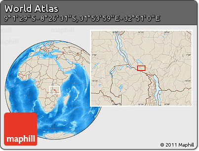 Shaded Relief Location Map of the Area around 8° 44' 0" S, 32° 22' 30" E