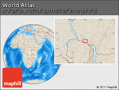 Shaded Relief Location Map of the Area around 8° 44' 0" S, 32° 22' 30" E