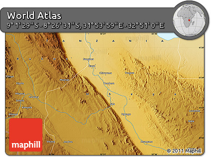 Physical Map of the Area around 8° 44' 0" S, 32° 22' 30" E