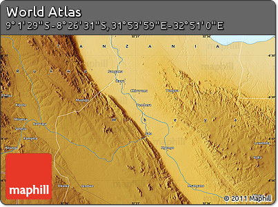 Physical Map of the Area around 8° 44' 0" S, 32° 22' 30" E
