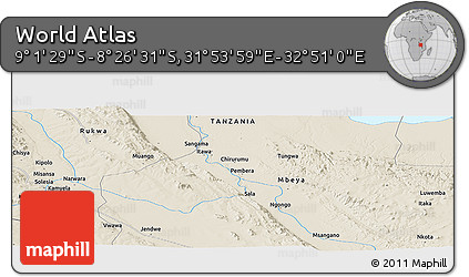 Shaded Relief Panoramic Map of the Area around 8° 44' 0" S, 32° 22' 30" E