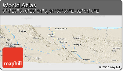 Shaded Relief Panoramic Map of the Area around 8° 44' 0" S, 32° 22' 30" E