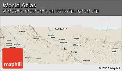 Shaded Relief Panoramic Map of the Area around 8° 44' 0" S, 32° 22' 30" E