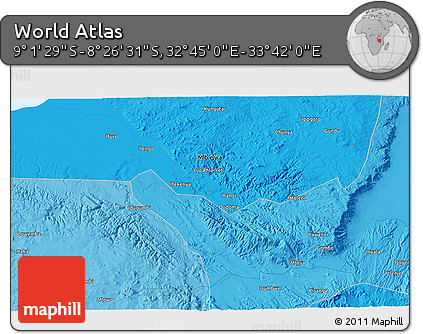 Political 3D Map of the Area around 8° 44' 0" S, 33° 13' 30" E