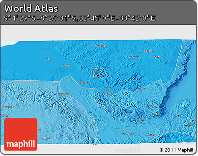 Political 3D Map of the Area around 8° 44' 0" S, 33° 13' 30" E