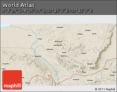 Shaded Relief 3D Map of the Area around 8° 44' 0" S, 33° 13' 30" E