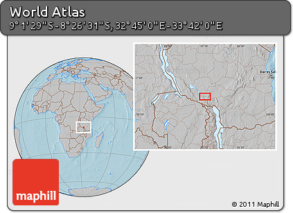 Gray Location Map of the Area around 8° 44' 0" S, 33° 13' 30" E, hill shading